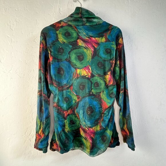 Women's Blue Green Floral Print Turtleneck Long Sleeve Mesh Top Casual - Picture 2 of 6